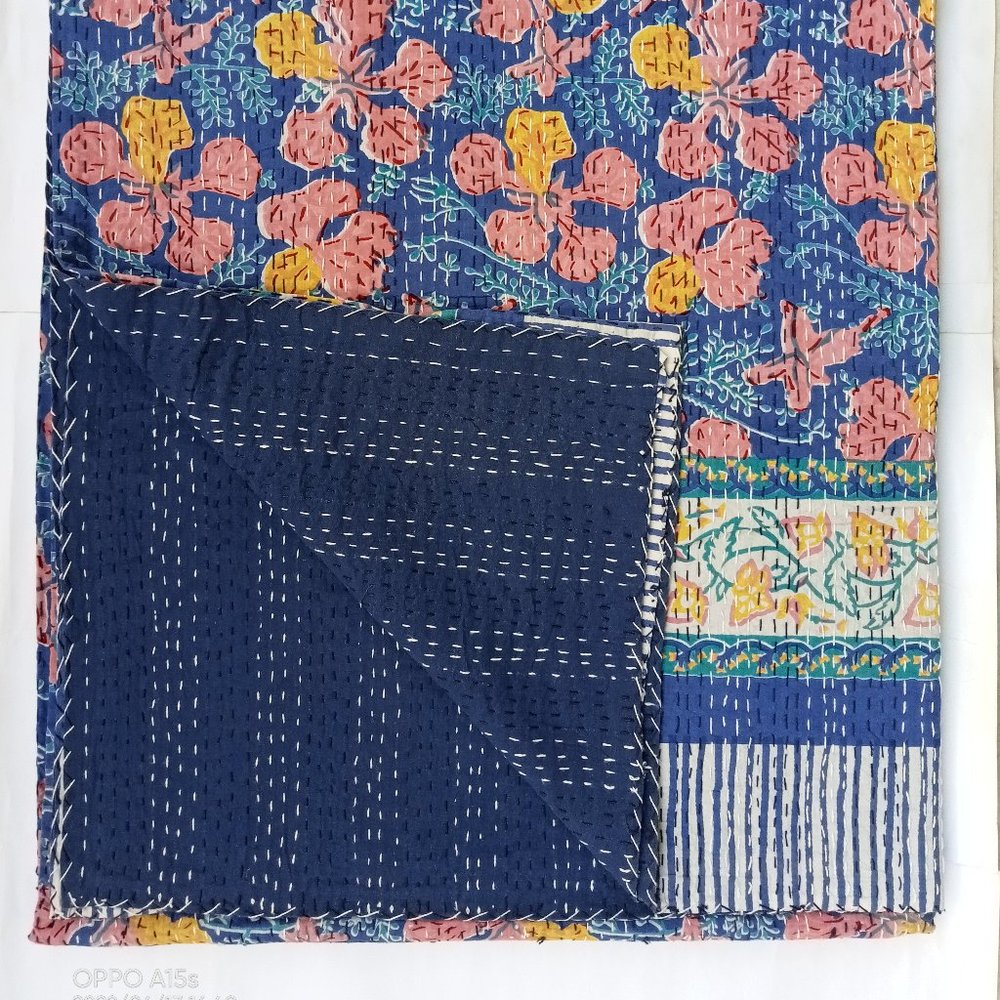 Hand Block Print Kantha Bed Cover Queen size Bedding throw